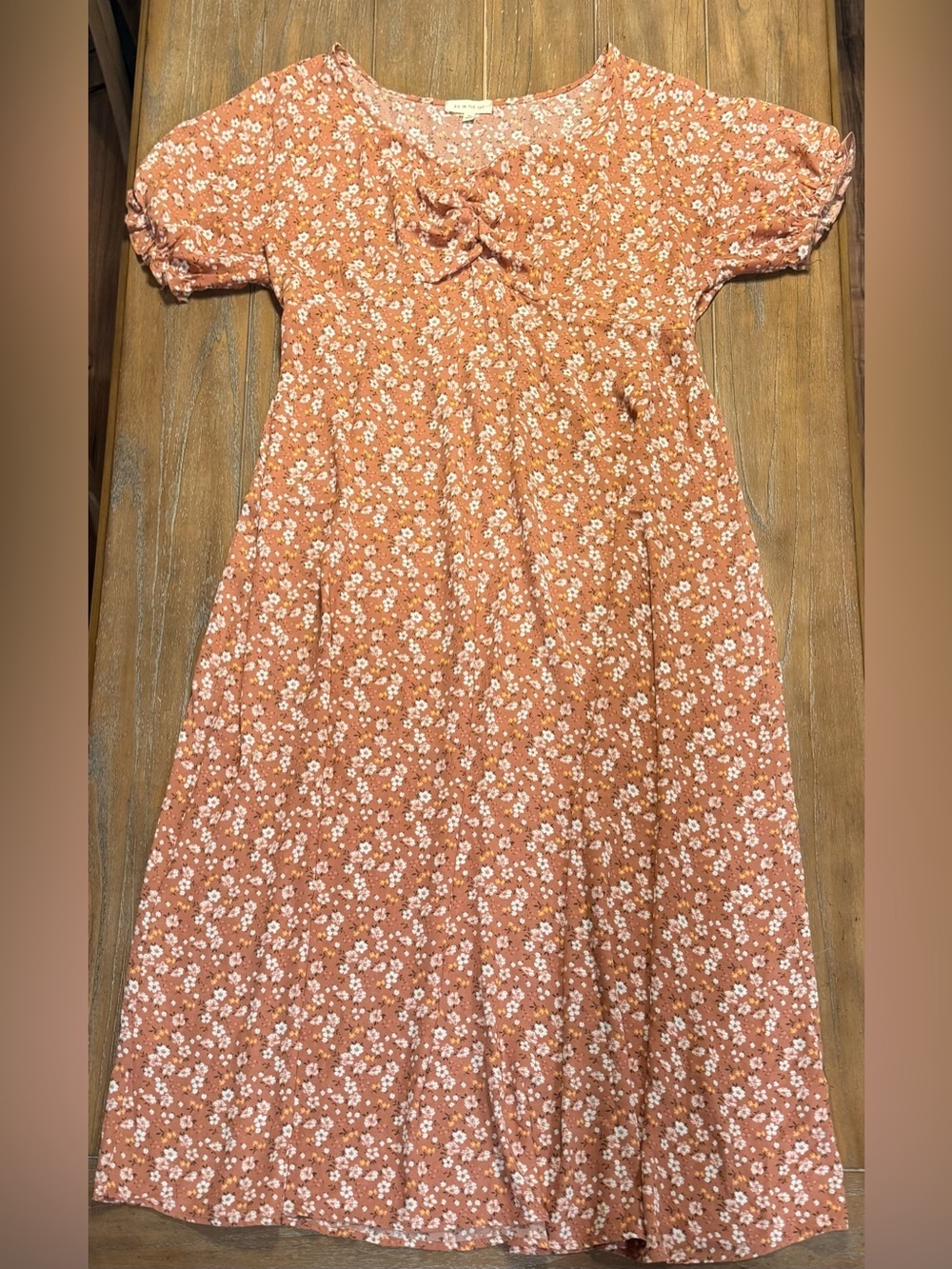Girls' Peach Floral Puff-Sleeve Cotton Dress with Bow Detail #98